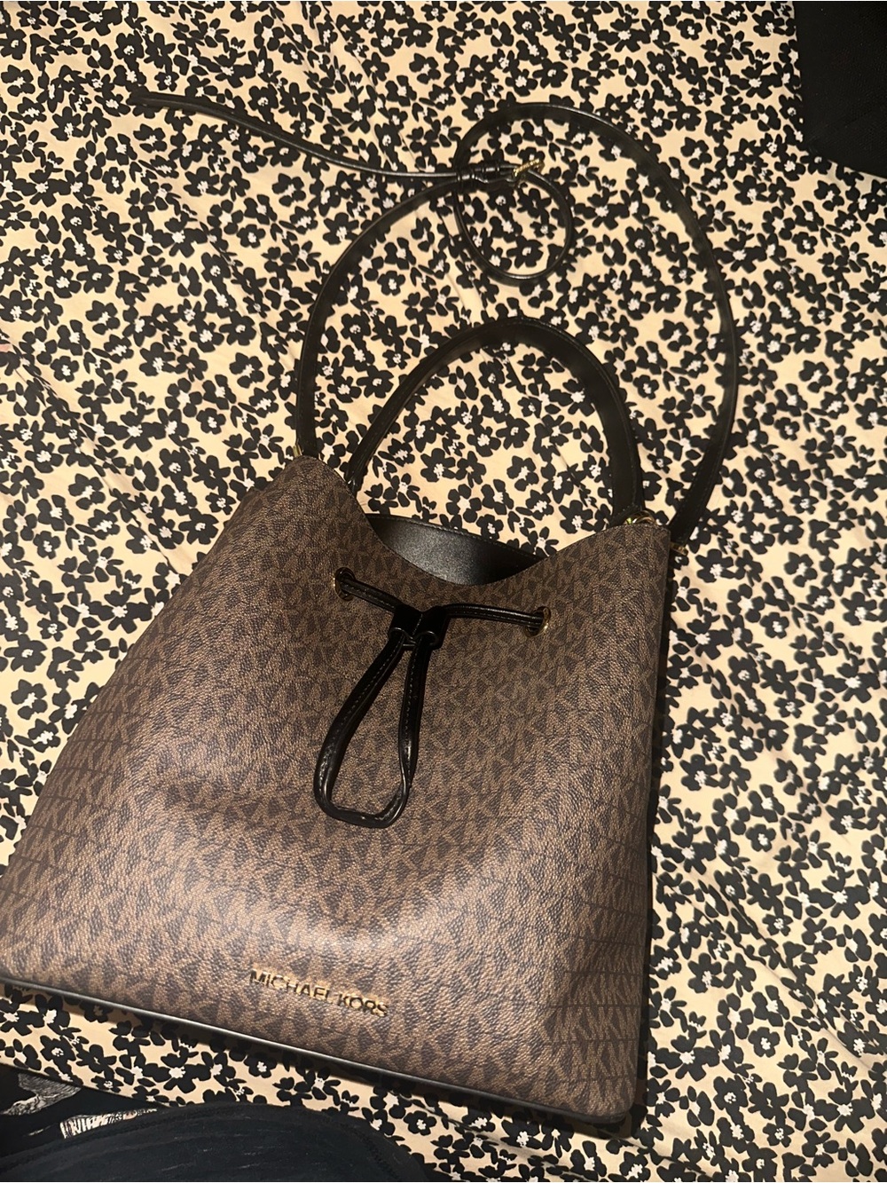 Michael Kors Brown MK Monogram Drawstring Bucket Bag with Black Trim